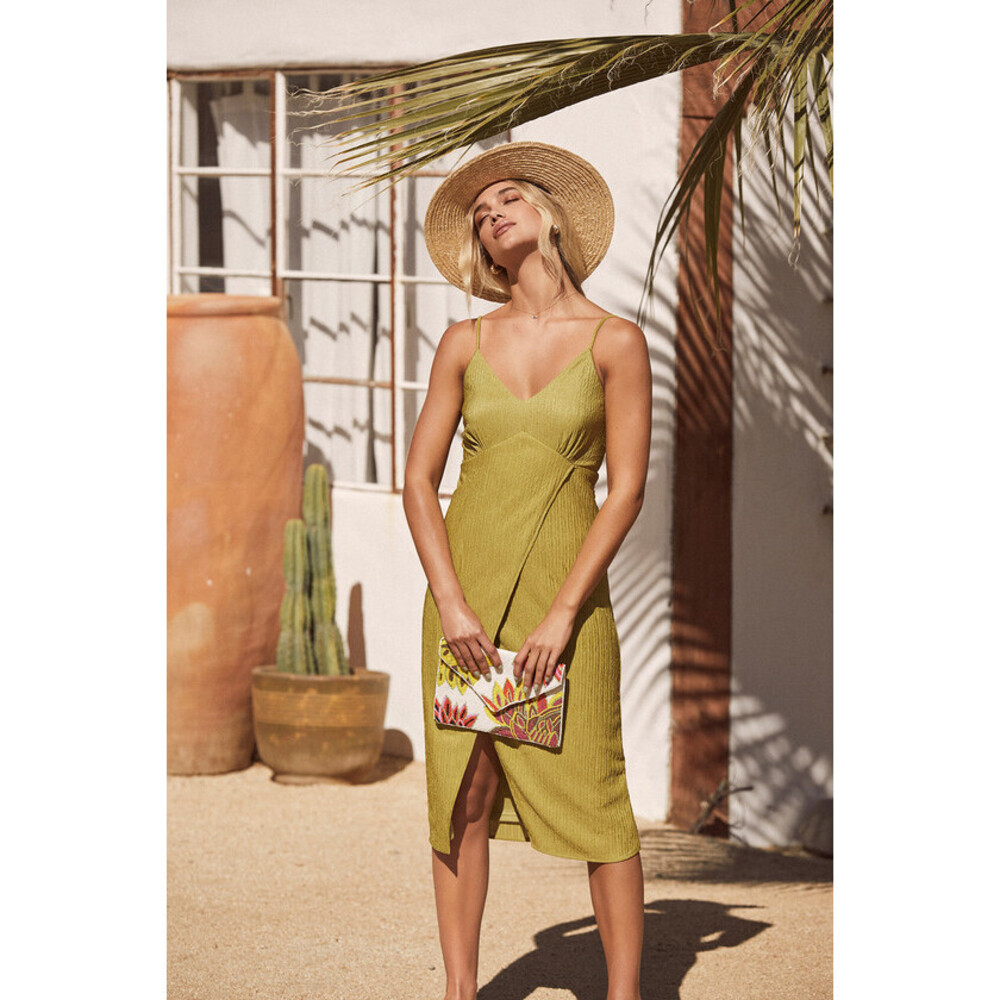 Lulus View And I Chartreuse Tie-back Faux-wrap Midi Dress Green - Size M